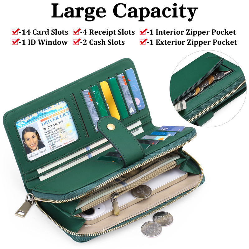 GAEKEAO Wallet for Women Clutch RFID Blocking Leather Wristlet Purse Large Capacity Credit Card Holder with Grip Hand Strap
