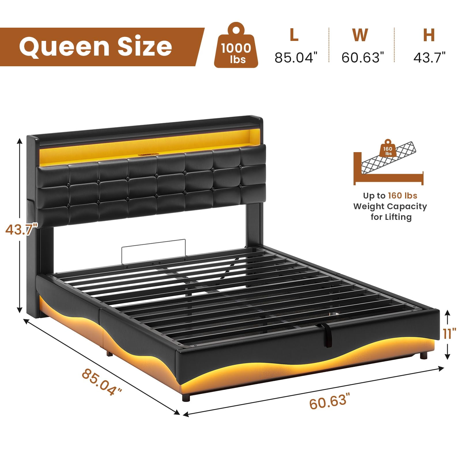 Amuzer Queen Bed Frame with Lift Up Storage,Type-C Charging Station,Hidden Storage Headboard, Upholstered Platform Bed with LED Lights,with Hydraulic, No Box Spring Needed,Black