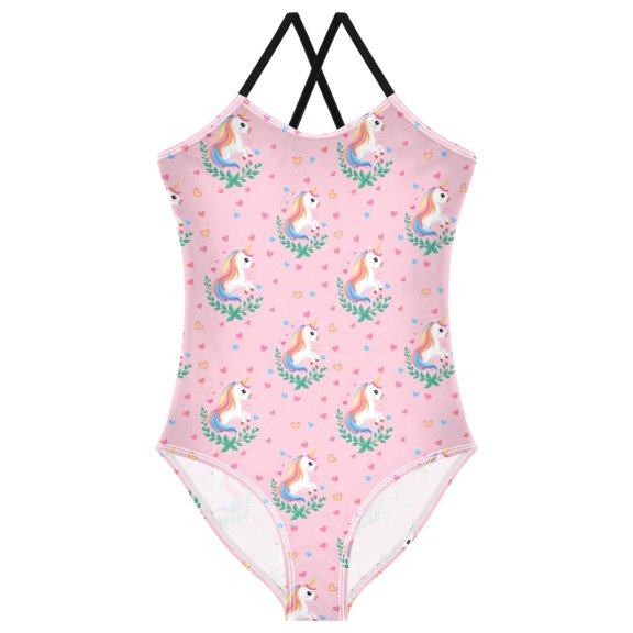 Girls Cute Unicorn Print One Piece Swimsuit, Cross Back Spaghetti Strap Bathing Suit for Kids Summer Beach Pool Swimwear 7-8T