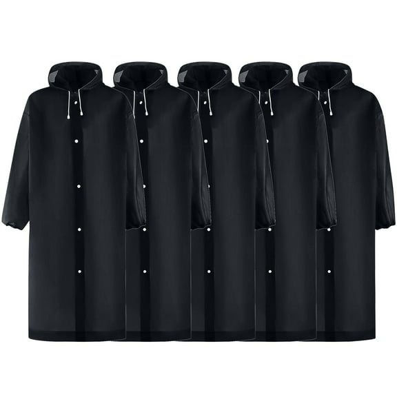 Xfvqtps 5 Pairs Mens and Womens Raincoat with Hooded Long Solid Color Adjustable Drawstring Button Waterproof Cycling Outdoor Activities Rain Jackets Rain Poncho Black