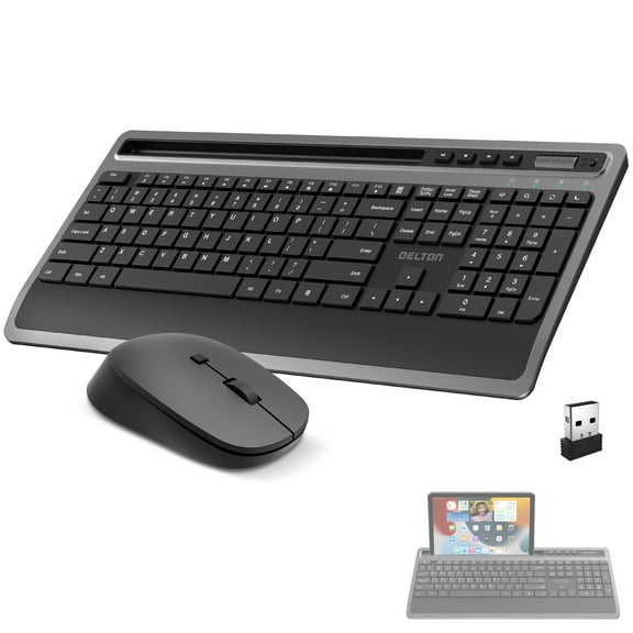 Delton T42/M42 Wireless Keyboard and Mouse Combo, Wireless Ergonomic Keyboard with Phone/Tablet Holder, 2.4GHz Cordless Keyboard Mouse Set for Computer, Laptop, PC, Windows, MacOS and iOS - Black