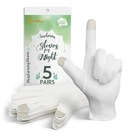EvridWear 100% Cotton Touchscreen Moisturizing Beauty Gloves with Elastic Cuff, Natural Cosmetic Therapy Gloves for Eczema SPA Dry Hands Care Overnight (White, Large) 5 Pairs