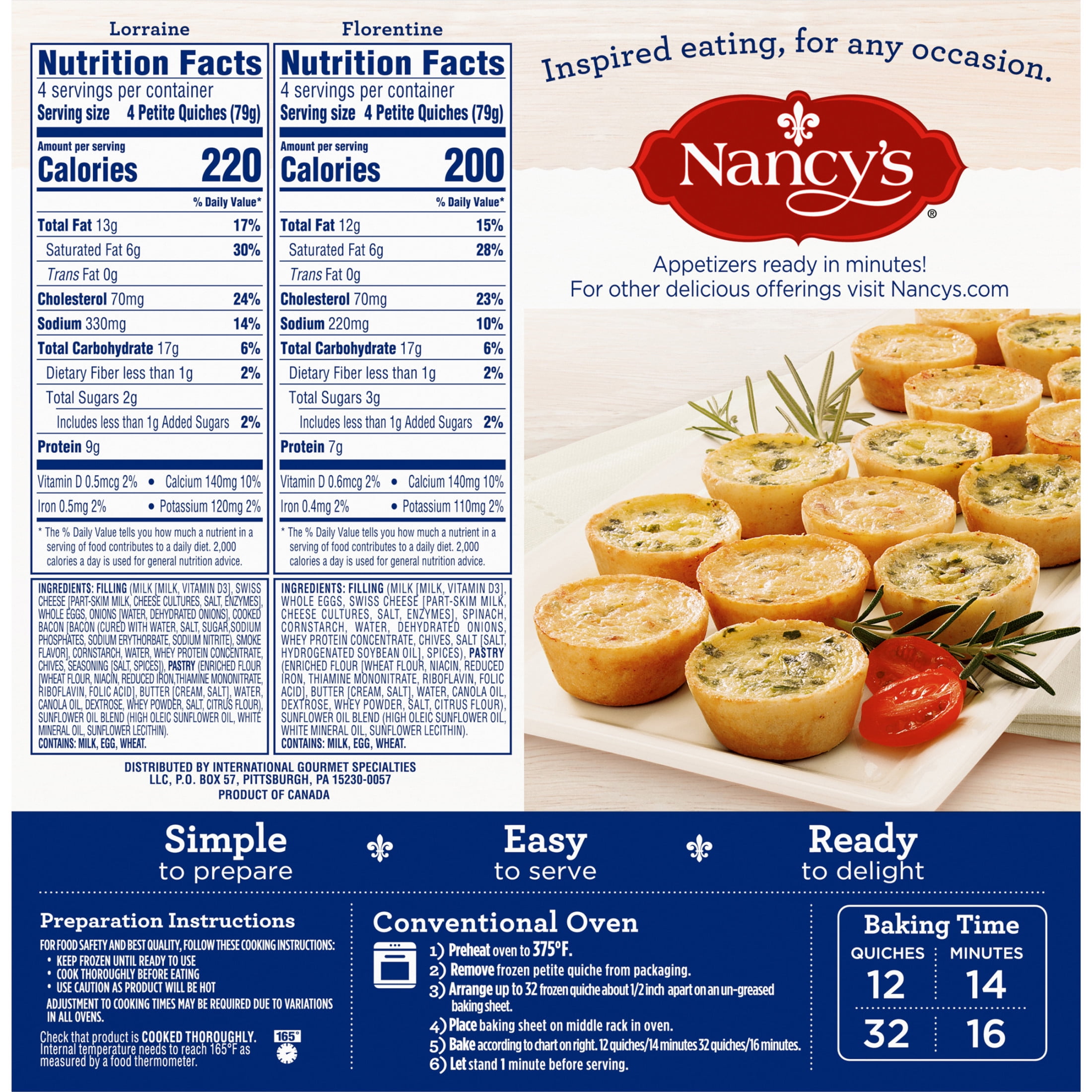 Nancy's Lorraine & Florentine Petite Quiche Frozen Snacks Variety Pack, 32 Count Box