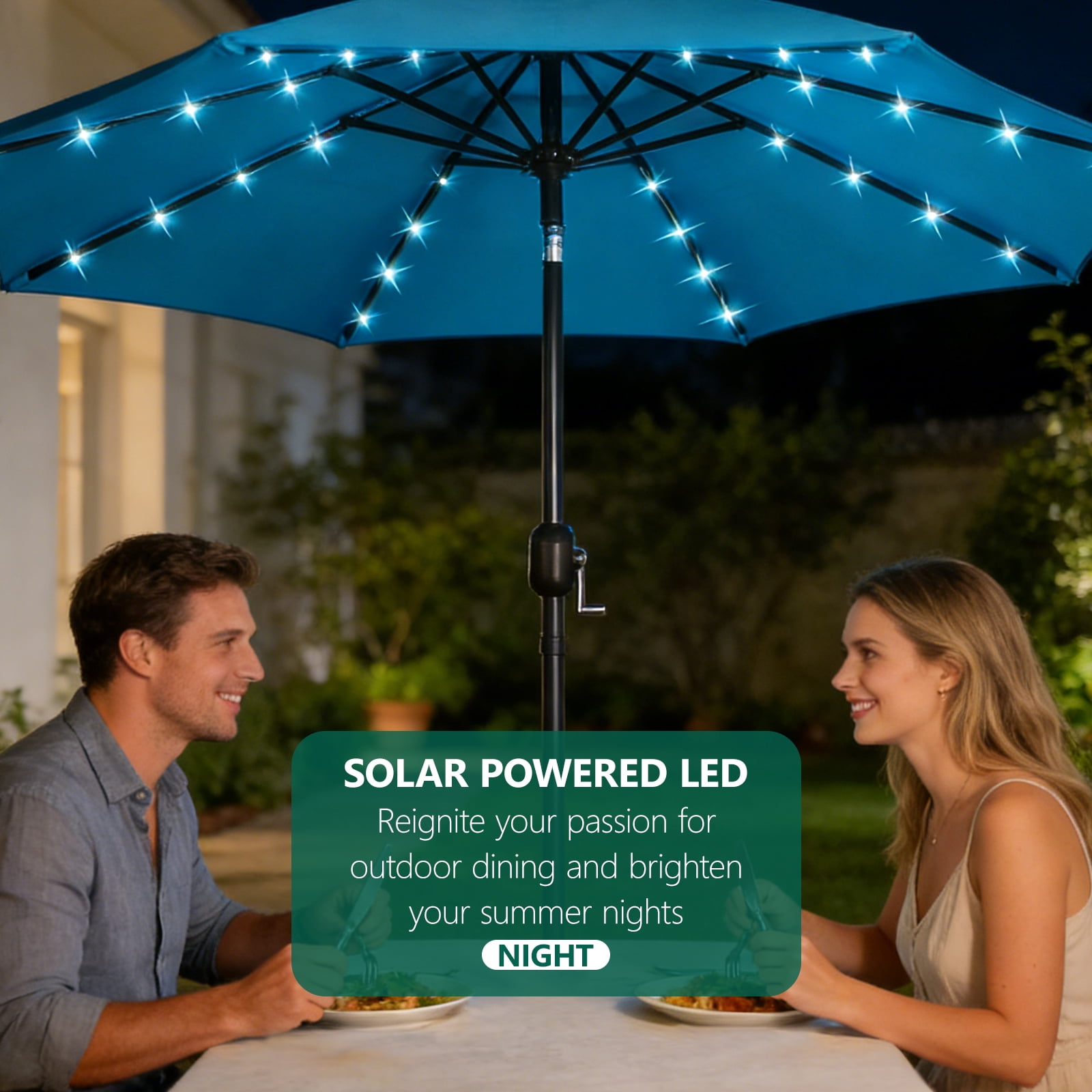 WLLJOY 9ft Solar Patio Umbrella, Tilt Adjustment LED Outdoor Umbrella with 8 Reinforced Ribs for Garde, Backyard, Pool, Sky Blue