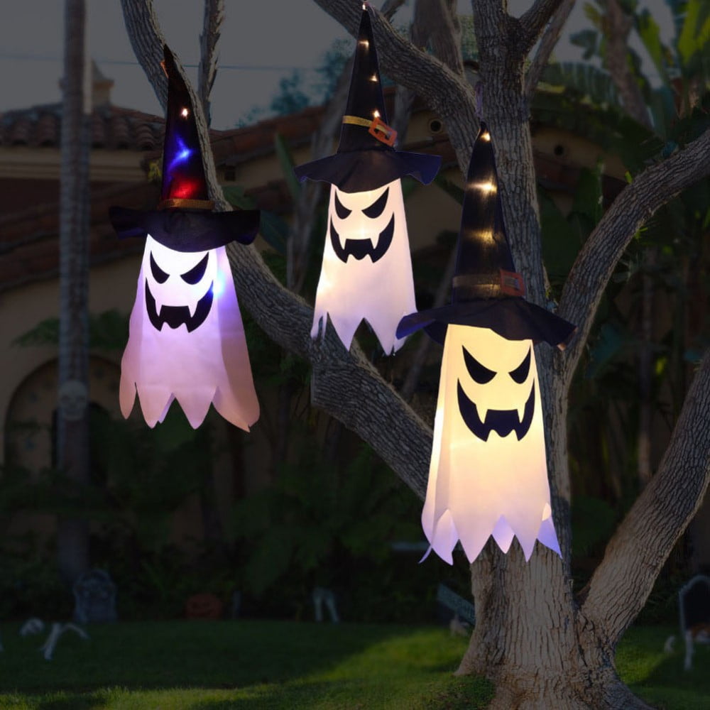 Halloween Hanging Witch Hat Lights, Light Up Witch Hats Glowing Ghost