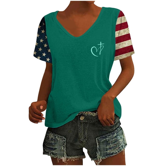 Tops Cortos para las Mujeres Día de la Independencia Patriótica Impreso Cuello en V, Manga Corta Top Casual para Diario, Fiesta Y Todas las Estaciones