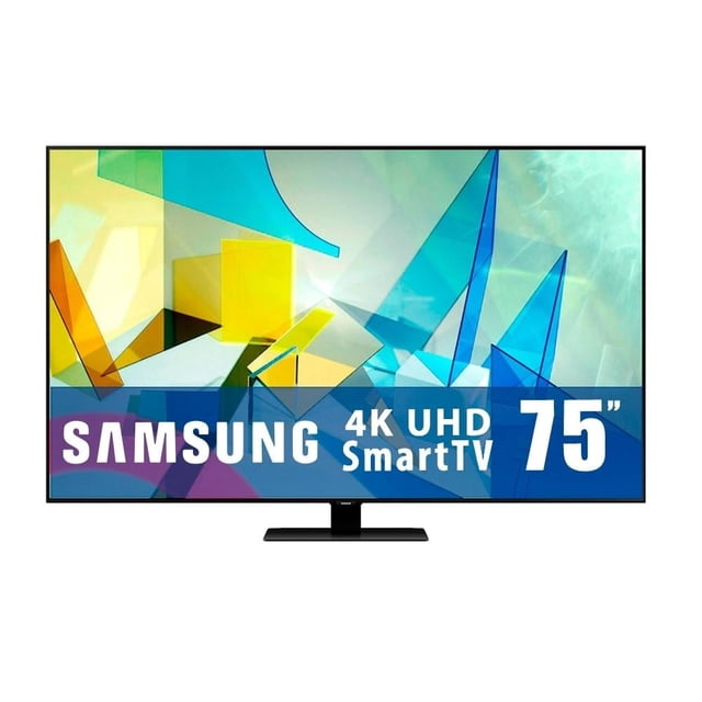 TV Samsung 75 Pulgadas Smart TV 4K QLED QN75Q80TAFXZX con pantalla sin bordes y soporte central, imagen 4K UHD con procesador Quantum 4K, Direct Full Array y Quantum HDR 12x para alto contraste, sonido 3D con Object Tracking Sound, compatible con Google Assistant y Bixby, incluye Multi View y Ambient Mode para uso versátil.