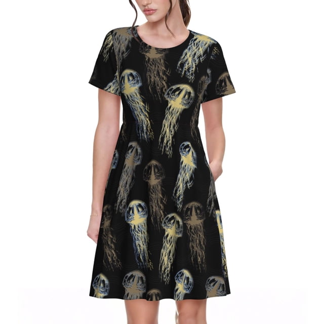 Bixox Robe d'Été à Manches Courtes pour Femmes Robe Ample Longueur Genou avec Poches-Méduse