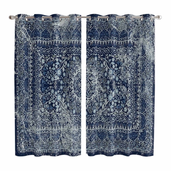 Boho Blue Kitchen Curtains 63 Inch Length, Vintage Ethnic Modern Geometric Abstract Grommet Top Bedroom Living Room Curtains, Light Filtering Cafe Curtain Drapes 2 Panels Set 84''x63''