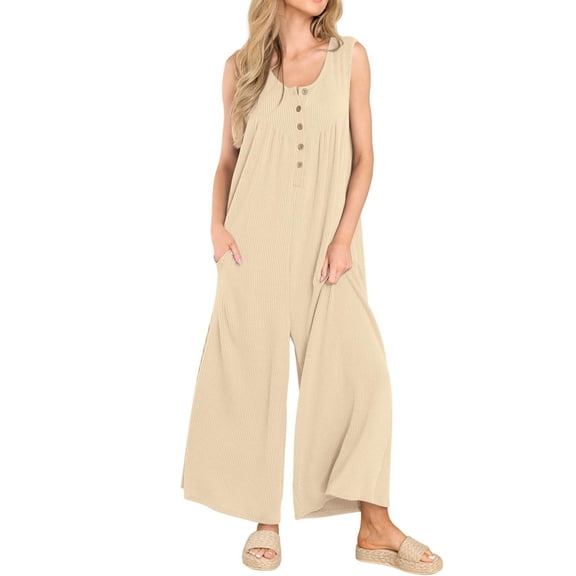 Women's Sleeveless Wide Leg Jumpsuit Casual Loose Button Front Pocket Romper
