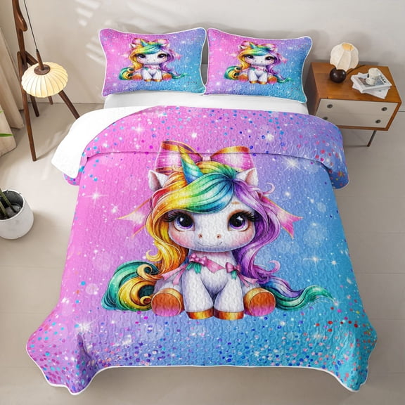 Erosebridal Girls Unicorn Twin Quilt Set,Multicolor Glitter Print Twin Coverlet Set For Kids,2pcs