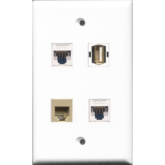 RiteAV 1 Port USB A-A and 1 Port Phone RJ11 RJ12 Beige 2 Port Cat5e Ethernet White Wall Plate