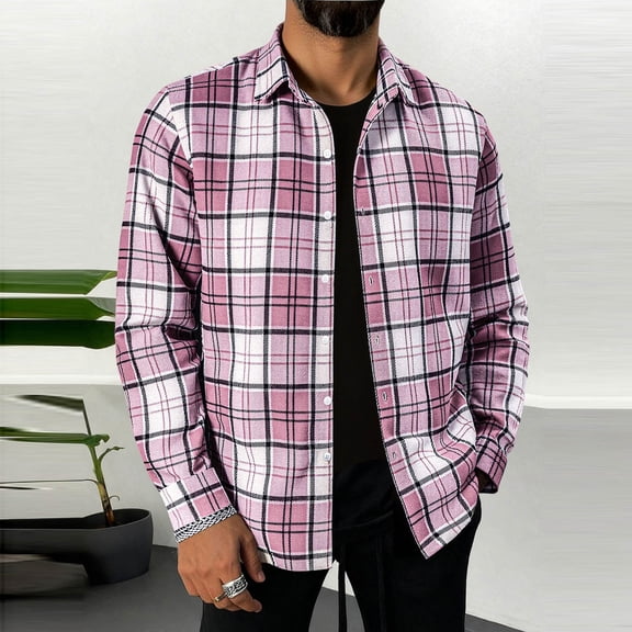 Gamivast Men's Plaid Flannel Shirts Long Sleeve Button Down Casual Collared Tops Classic Fit Checkered Dress Shirts for Fall Winter Daily Workwear Essential Pink XL