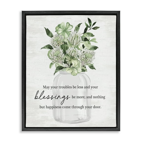 Stupell Industries Lucky Clover Blessing Botanical & Floral Painting Black Floater Framed Canvas Art Print Wall Art, 17 x 21
