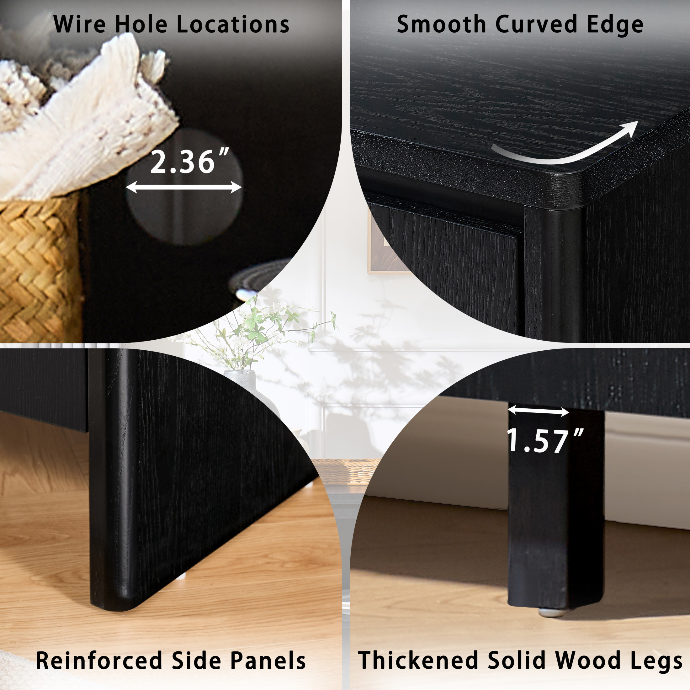 GDF Studio 61.1-Inch Mid-Century Sideboard Buffet Cabinet with Adjustable Shelves, Outlet Holes, Black