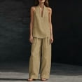 thumbnail image 4 of Linen Sets for Womens 2 Piece Outfits Casual Minimalist Halter Neck Top and High Waisted Wide Leg Pants Summer Matching Outfit with Pockets, 4 of 9
