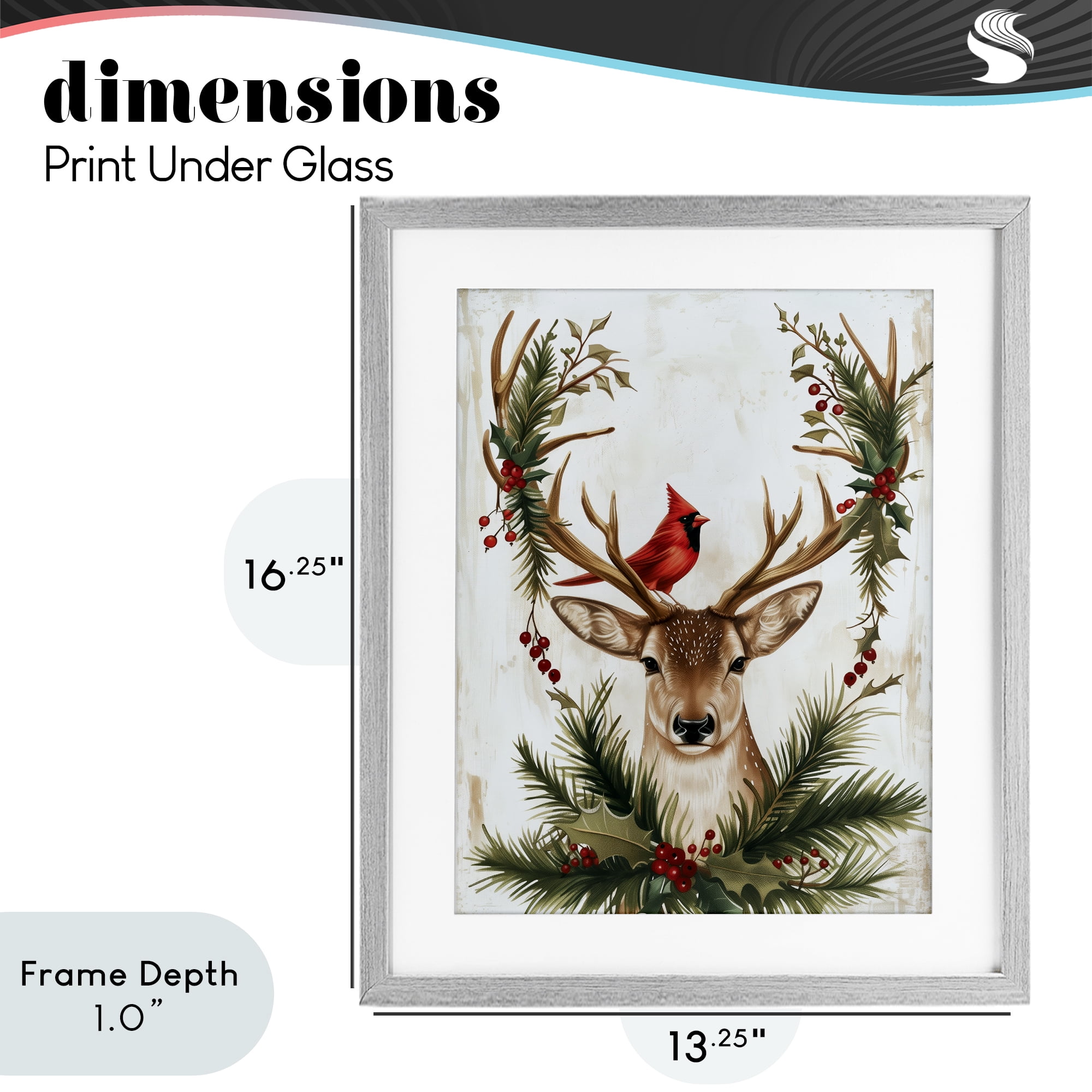Stupell Industries Cardinal & Deer with Festive Flora Gray Framed Print Under Glass, design by Acorn & Ivory Designs