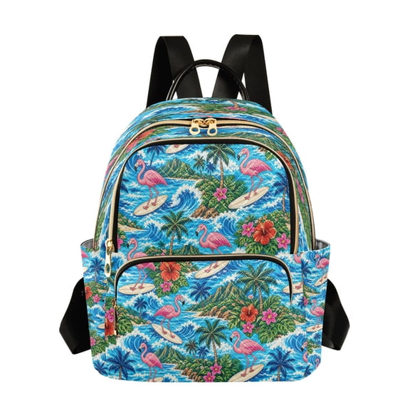 Qxltty Quilted Backpack for Women, Ocean Surf Flamingos Travel Daypack with Front Pocket for Casual Daily Use
