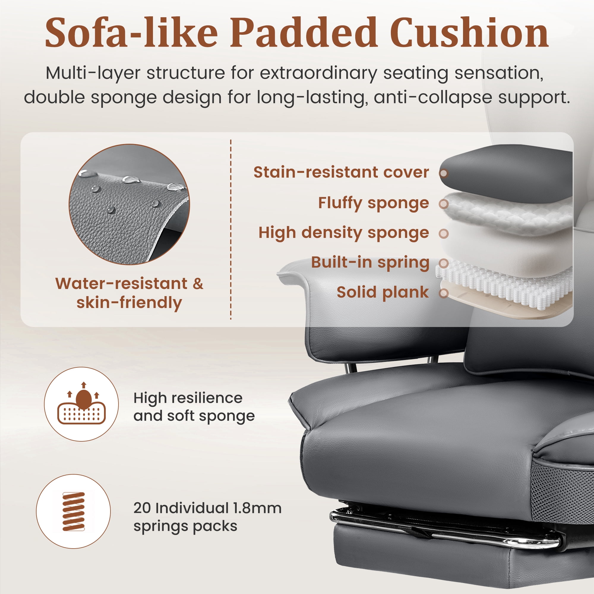 COOLHUT Big and Tall Office Chair 500LBS Wide Seat Ergonomic Computer Desk Chair, PU Leather Executive Office Chair with Footrest, Adjustable Task Chair Lumbar Back Support 8 Hour, Gray