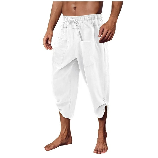 Cinvoph Capris Cargo pour Hommes en Coton et Lin Taille Élastique avec Poches Décontracté Extérieur Travail Randonnée Capris