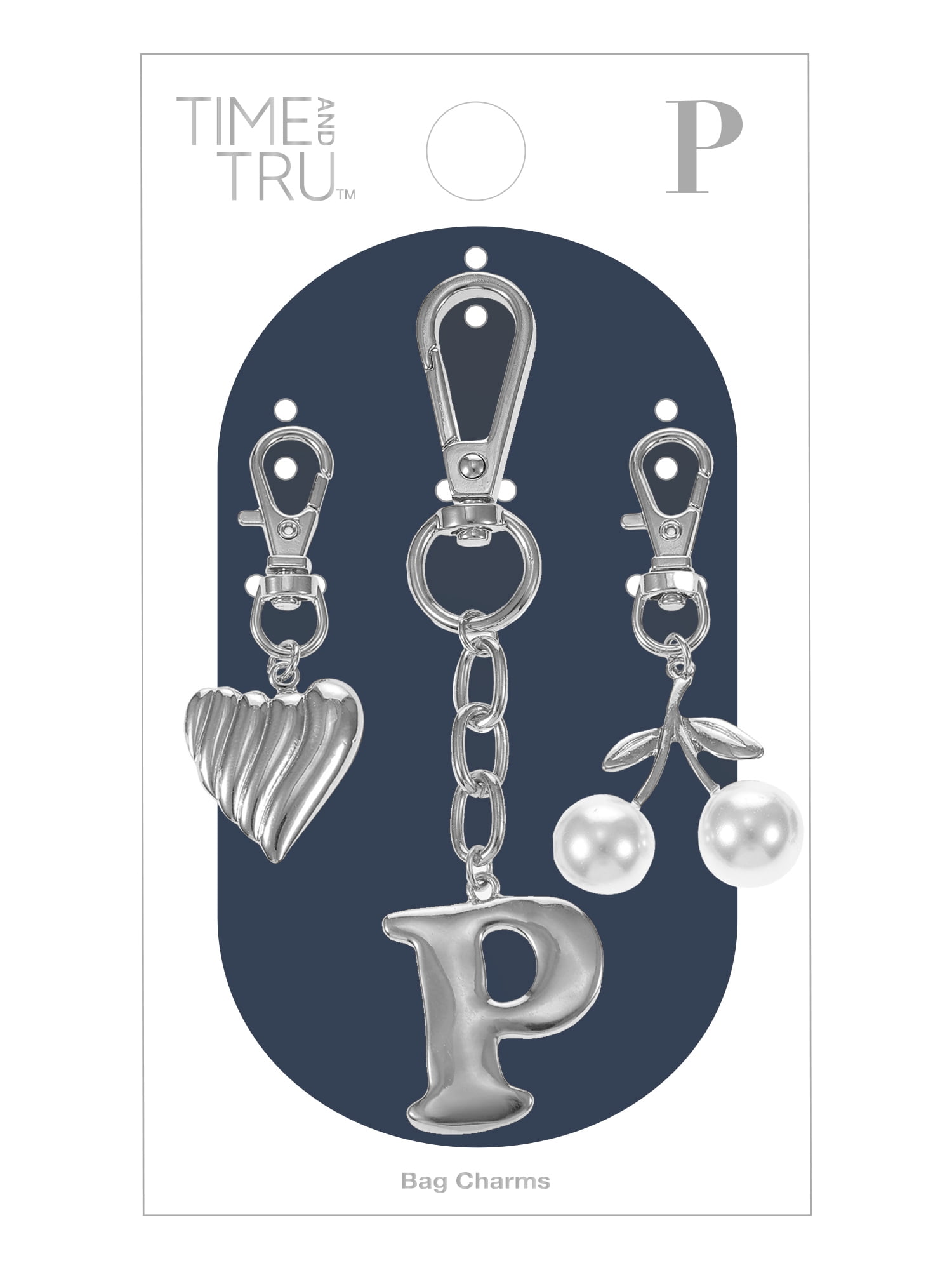 Time and Tru Silvertone Initial Letter Bag Charm Set, 3 Pieces, Letter P