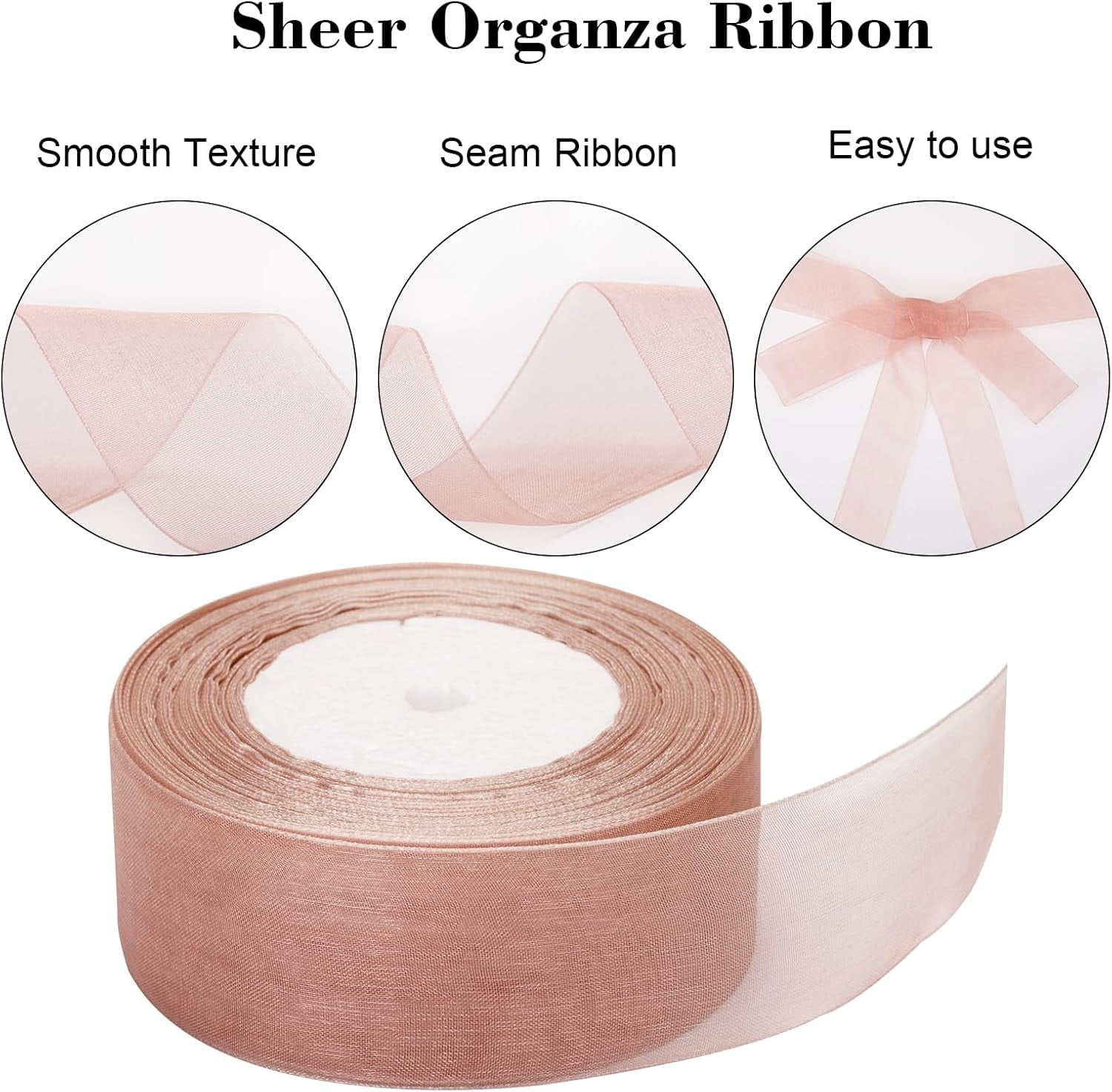 1.5 in Rose Gold Organza Gift Ribbon, 50 Yds Sheer Chiffon Handmade Ribbon for Wrapping, Crafting Projects, Wedding Decor, Christmas