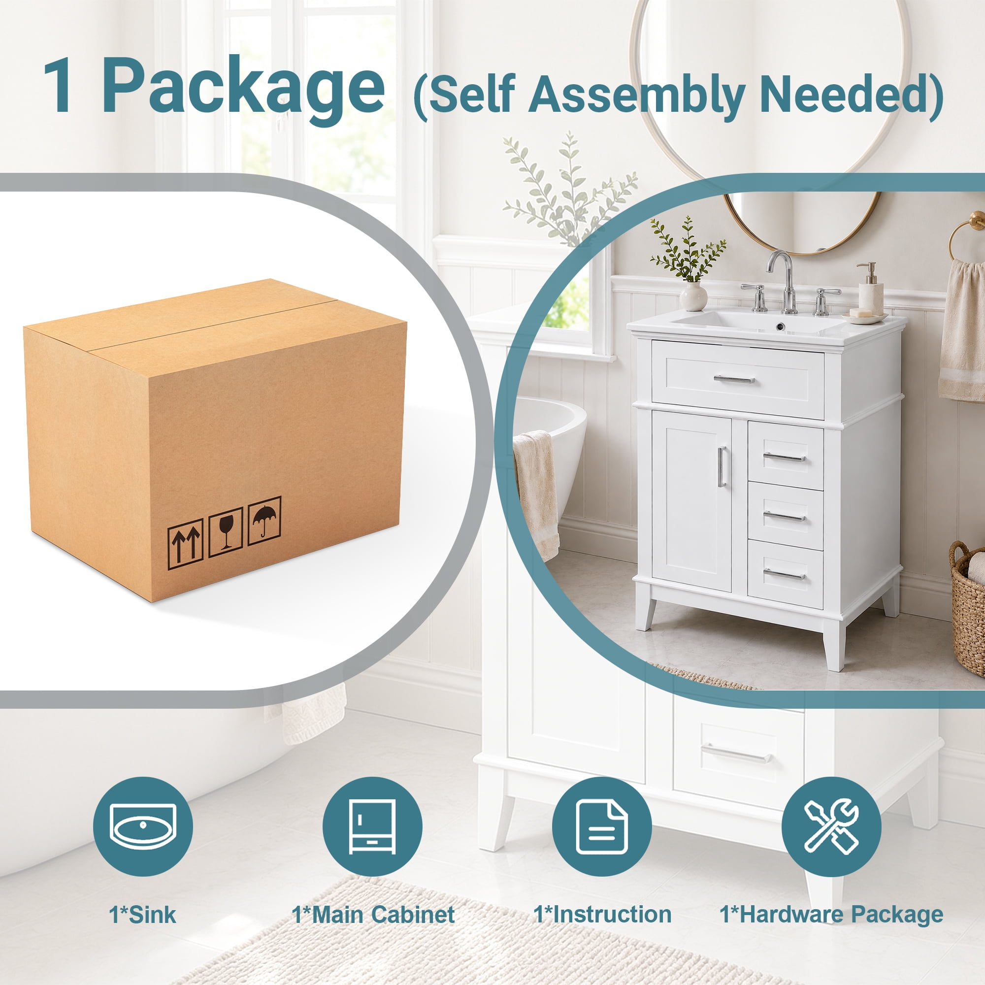 GARITIN 24 Inch Bathroom Vanity with Ceramic Sink, Solid Wood Frame & MDF Cabinet, 1 Door, Flip Drawer & 3 Drawers, Soft Close Hinges, Adjustable Shelf, White