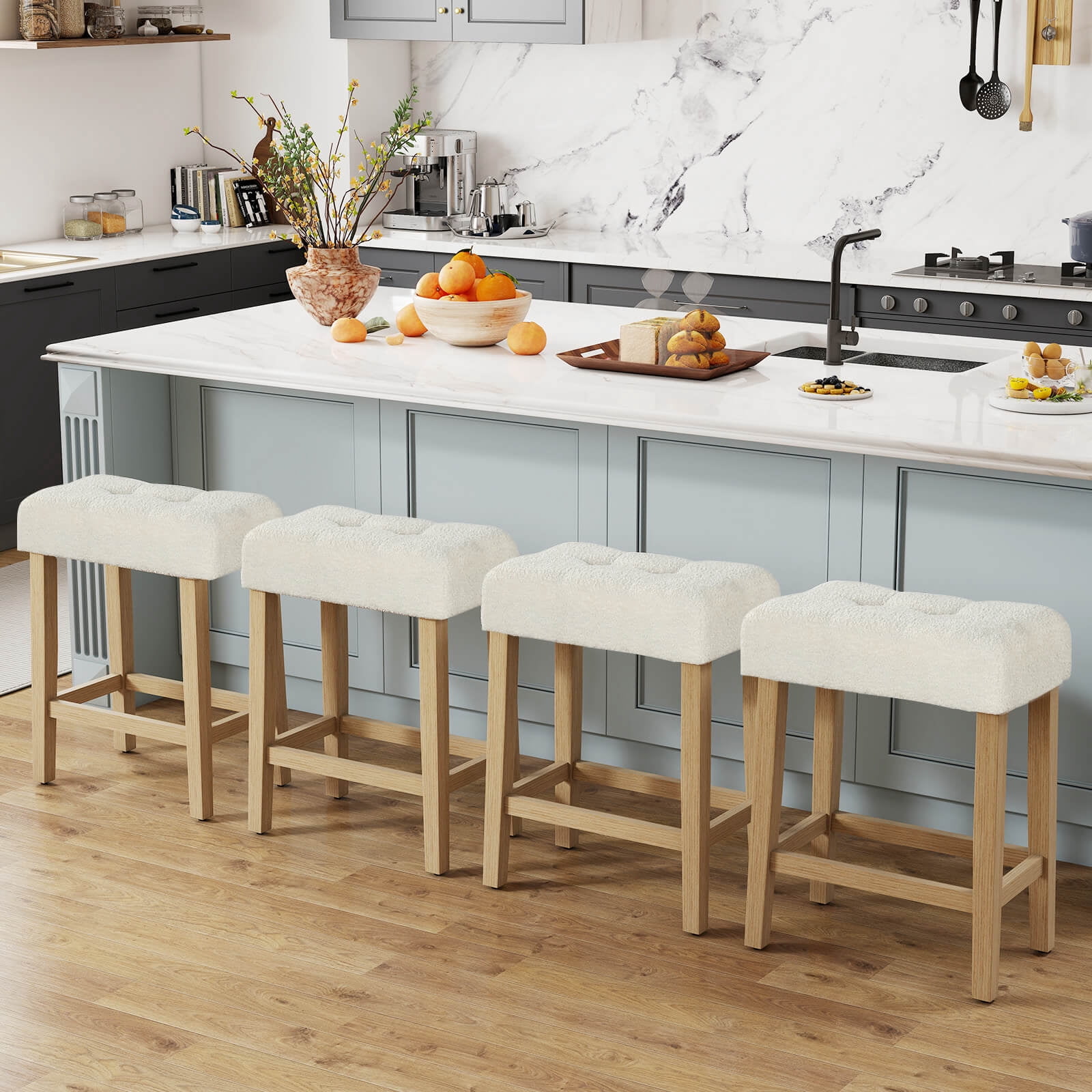 Costway Counter Height Bar Stools Set of 2 with Rubber Wood Legs Footrest Modern for Home Beige