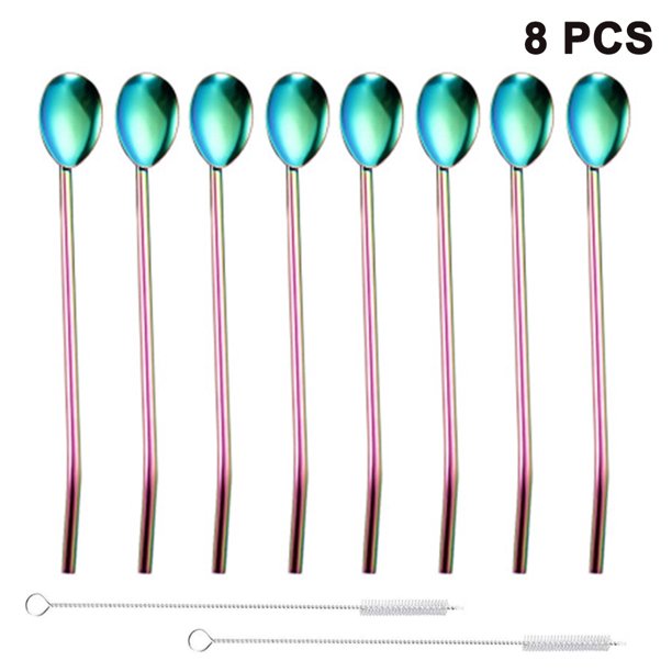 Cuchara de paja de acero inoxidable, 8 piezas, cuchara de café ovalada con 2 uds. De cepillo, palitos de fruta reutilizables, cuchara agitadora, vajilla, paja Xemadio 2034116-2