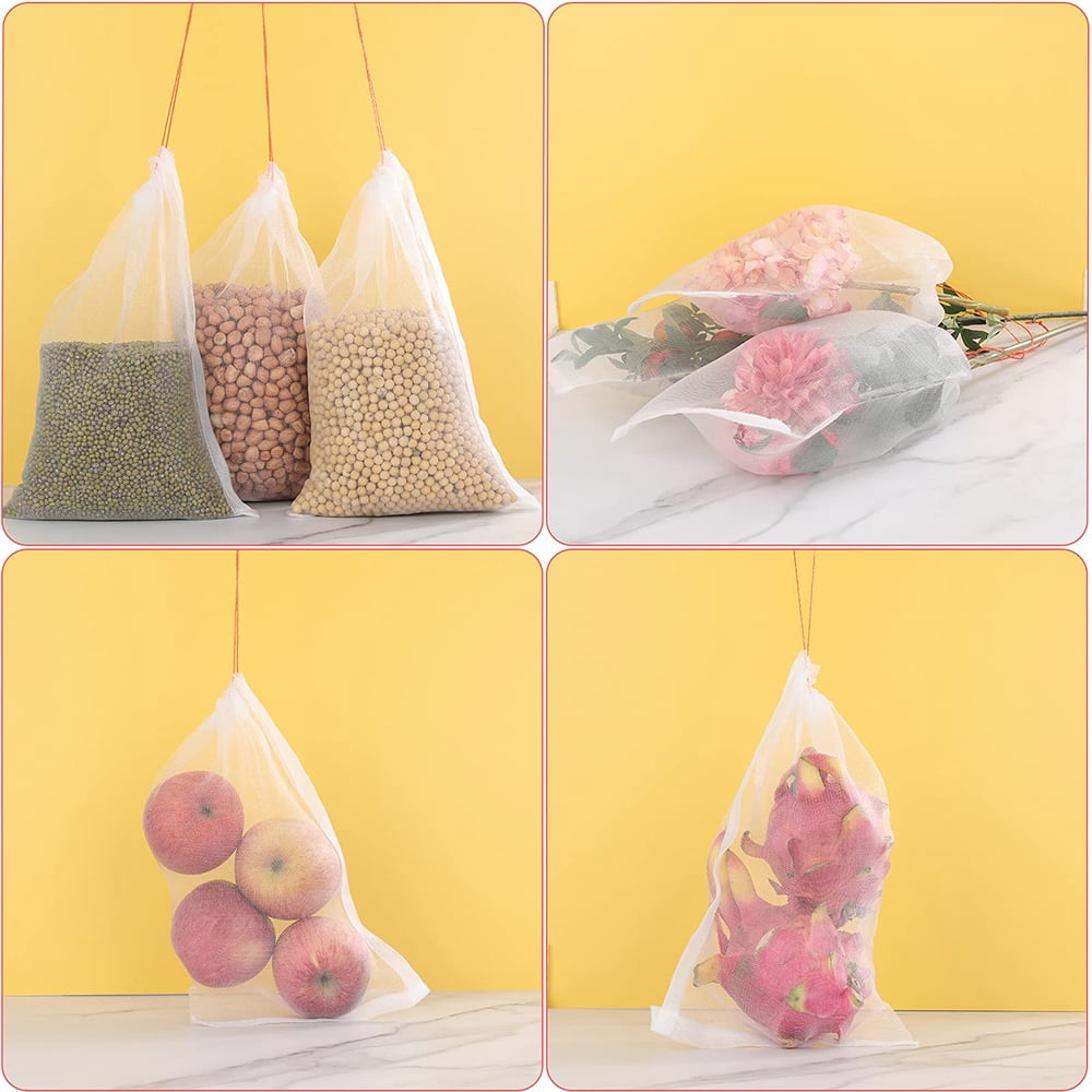 Fruit Protector Bags, 100 Pack 12"x8" Reusable Fruit Mesh Bags with Drawstring, Nylon Mesh Fruit Bags for Fruit Trees, Vegetables, Flowers and Plants