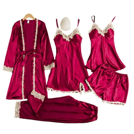 

5PCS Satin Pyjama Lingerie Sets with Floral Lace Women sleepwear
