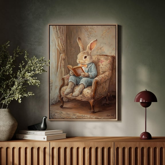 Whimsical Rabbit Reading In Floral Armchair – Vintage-Inspired Art For Cottagecore, Nursery, Or Cozy Farmhouse Decor Wall Art, Modern Wall Decor, 8x12 UNFRAMED