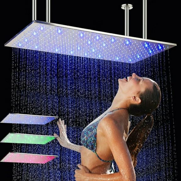 Chrome 16X32INCH LED Rainfall Shower Head Ceiling Mount High pressure Top Sprayer