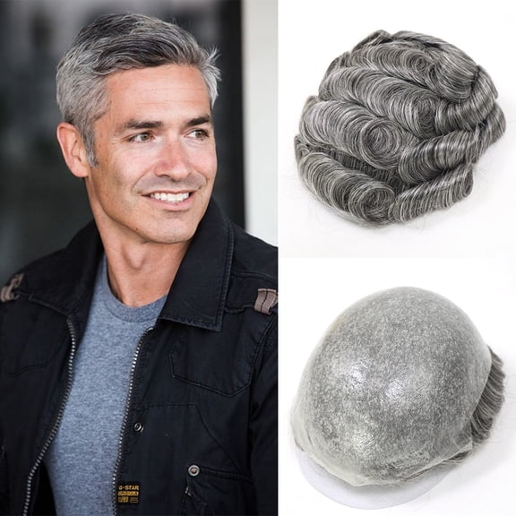 0.08mm Thin Skin PU Toupee for Men European Human Hair Replacement System Male Hair Prosthesis Wig Unit Gray 10x8inch