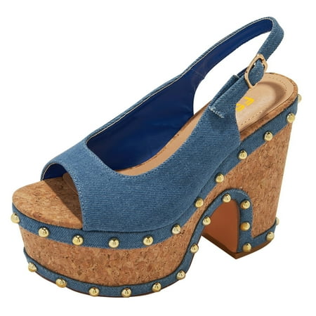 FSJ Women Fashion Studded Peep Toe Slingback Pumps Platform Wooden Chunky Wedges High Heels Sandals Adjustable Buckle Party Wedding Dating Casual Shoes Size 14 Blue