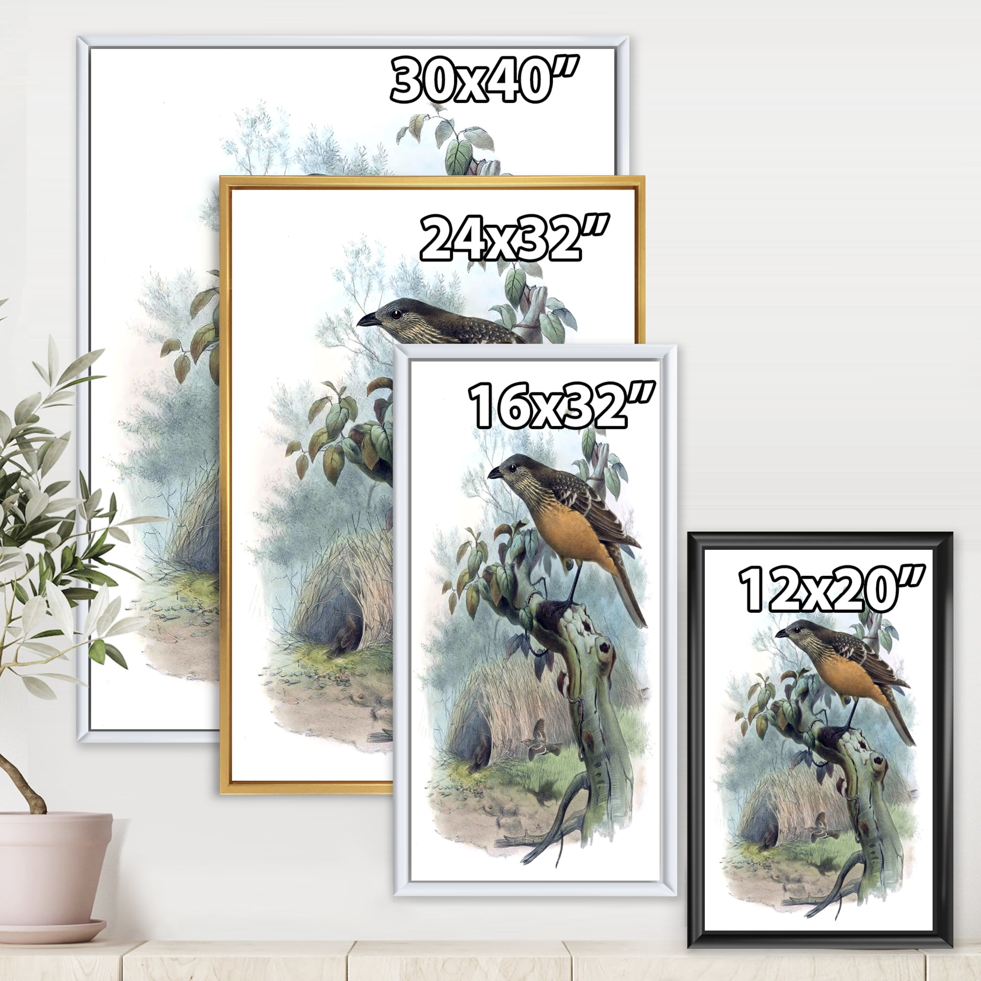 The Paradise Birds on a Tree Branch 16 in x 32 in Framed Painting Canvas Art Print, by Designart