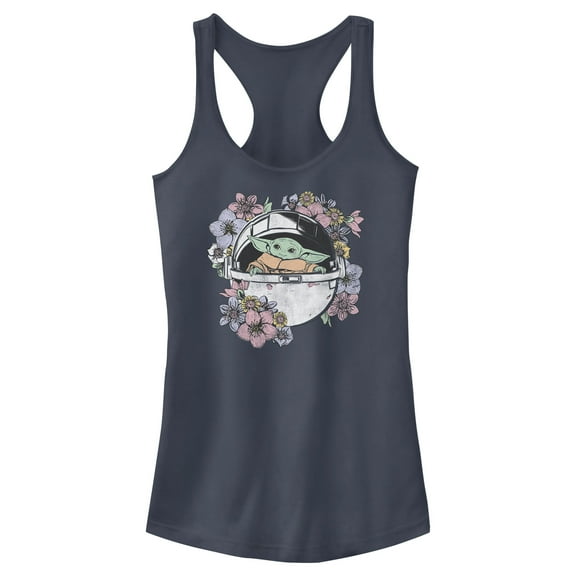 Junior's Star Wars: The Mandalorian The Child Floral Bassinet Racerback Tank Top Indigo X Small