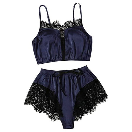 

Women s Sleepwear 2pcs Floral Lace Trim Satin Cami Pajama Set Female Mesh Nightgown Lingerie Set New