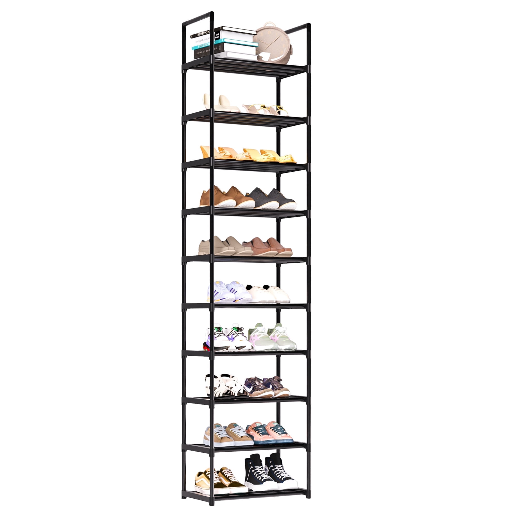 10 Tier Tall Shoe Rack, Sturdy Narrow Metal Shoe Rack Organizer for 20-25 Pairs, Save Space Shoe Racks for Closets, Bedroom, Garage, Bathroom, Large Capacity Shoe Shelf
