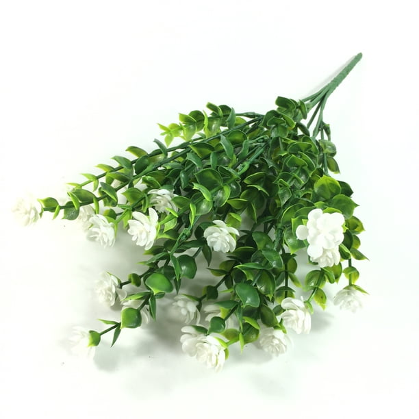 4 piezas de flores de plástico de eucalipto, flores artificiales de plantas verdes, flores de plantas falsas de plástico, flores falsas, arbusto blanco para maceta, balcón, jardín al aire libre, deco TUNC Sencillez