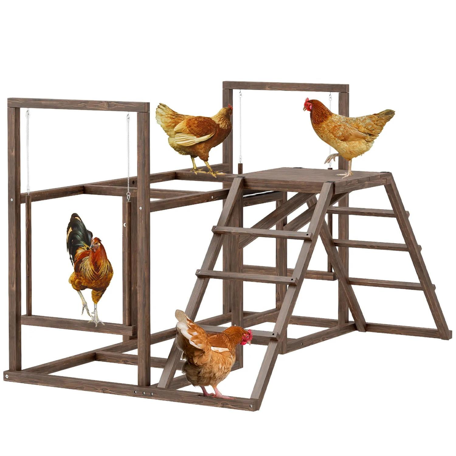 Pefilos 60" Wooden Chicken Activity Play Set for 3-4 Chicken, Outdoor Hen House Accessory with Perch, Swing, Ladder, Platforms, Feeder Storage, for Garden, Brown