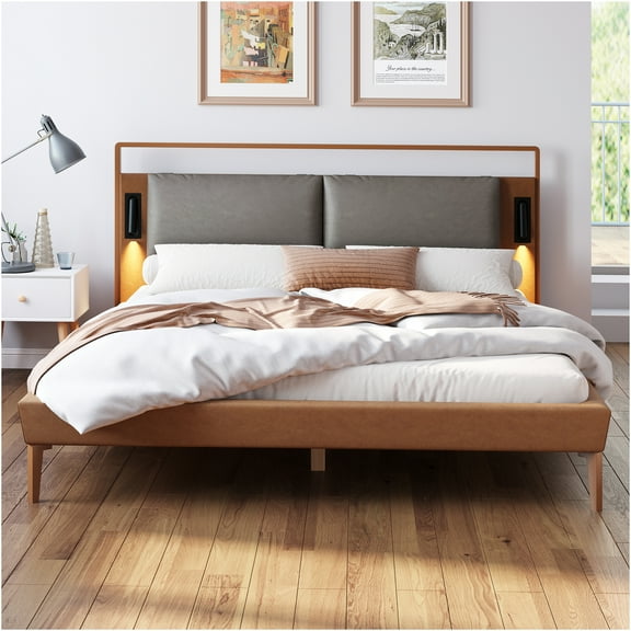 JERFIT Modern Queen Bed Frame with LED Headboard Lights, Upholstered Faux Leather Platform Bed, No Box Spring Needed, Brown and Gray
