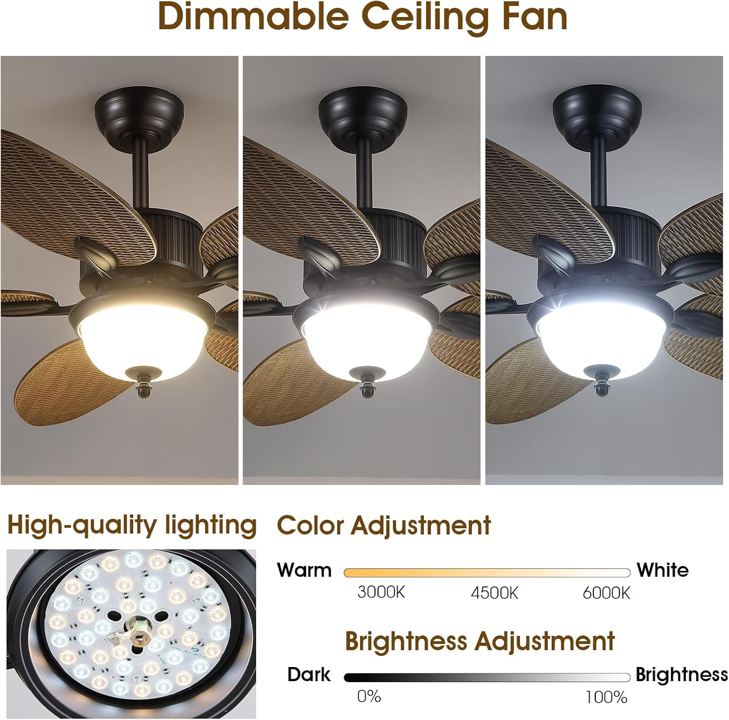 50 Inch Tropical Ceiling Fan with Light & Remote Control, Waterproof Palm Leaf Ceiling Fan for Patio, Porch, Gazebo, Outdoor, 6 Speeds, Quiet Operation, LED Light, Wet Rated, Brown with Glass, 41W