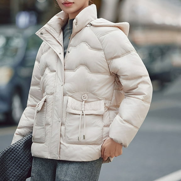 Zedker Women's Hooded Warm Winter Coat Full-Zip Quilted Thicken Puffer Jacket with Removable Hood,Plus Size Beige XXL