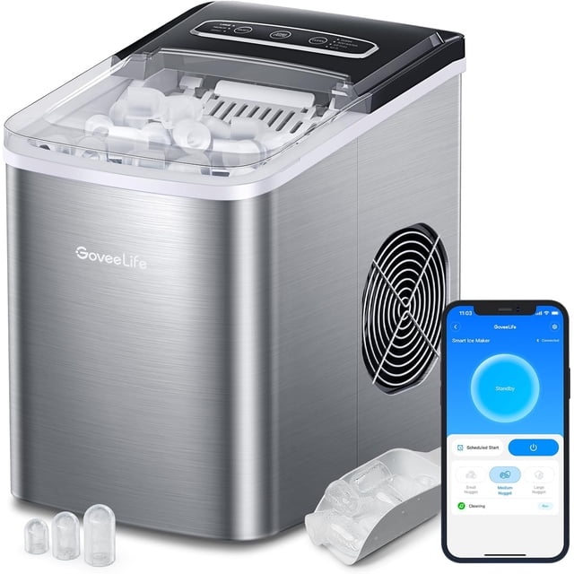 GoveeLife Ice Makers Countertop, Ice Maker with 26lbs/24Hrs, 6 Mins 9 Bullet Ice, Self-Cleaning Ice Machine with App Control, Smart Countertop Ice Maker with 2 Sizes of Bullet Ice for Home Kitchen