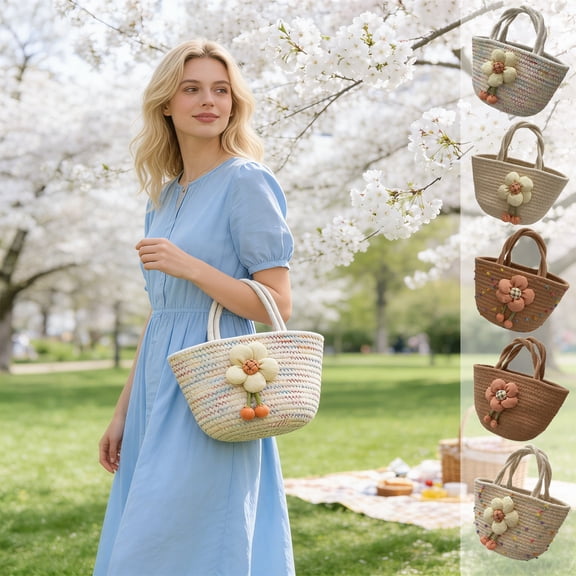 AYktou Cute Casual Woven Tote Bags for Women, Daily Commuting Handbag Uncomplicated Hand-Woven Cotton Storage Bag with Decorative Flower Portable Bags Gift for Women Shopping Travel Work