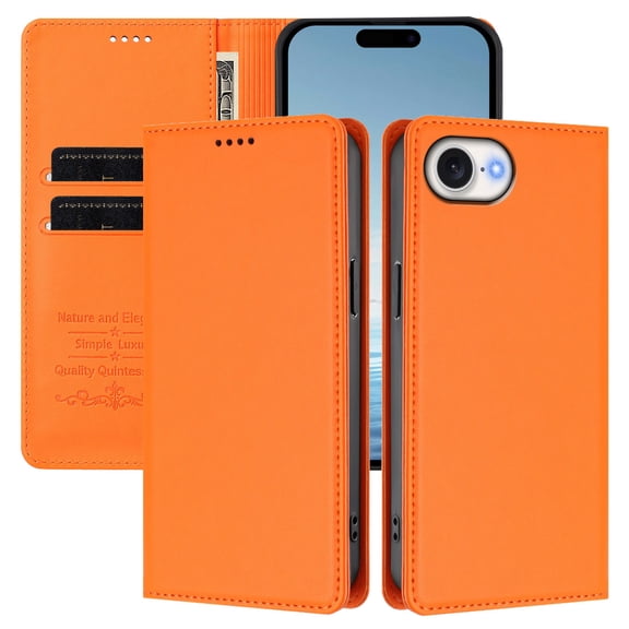 Dteck Wallet Case for iPhone 16e, Flip Strong Magnetic Cover RFID Blocking Credit Card Holder Kickstand Shock-Absorbent Case,Orange