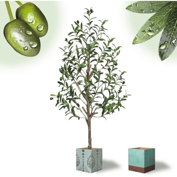 Makeatree 4ft  Artificial Olive Tree with Water Droplets Potted Realistic Fake Plant Trees with Fruits for Indoor Home Room Office Balcony Decor