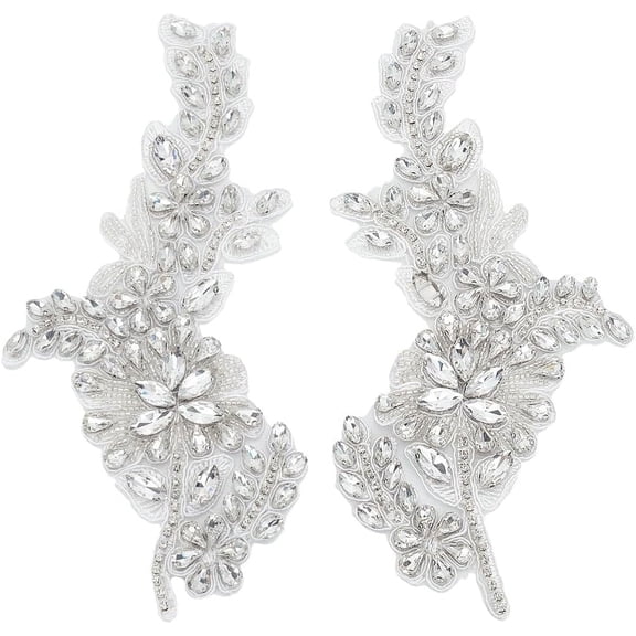 1Pair 2Pcs Handmade Beaded Crystal Patches Sparkly Sewing Floral Rhinestone Lace Applique Patch Clear Glass Rhinestones Embroidery Lace Patches for Wedding Dress Decoration Clothes Accessory