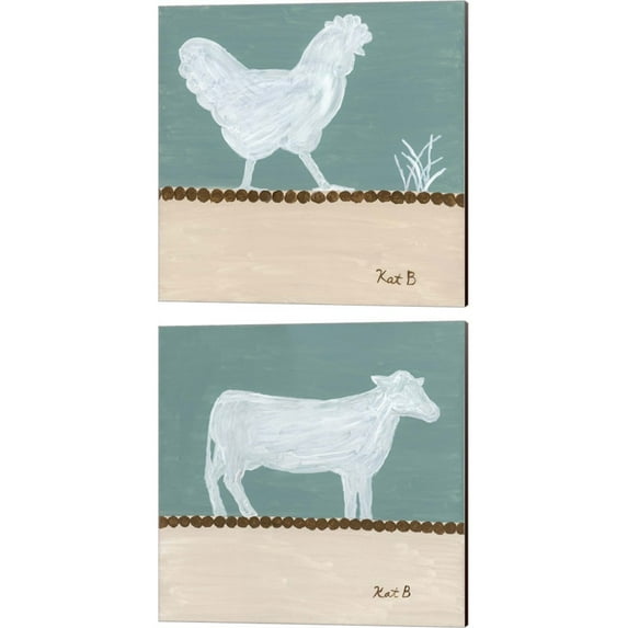 Great Art Now Out to Pasture - White Chicken & Cow by Kathleen Bryan 2 Piece Canvas Art Set Each 14"W x 14"H